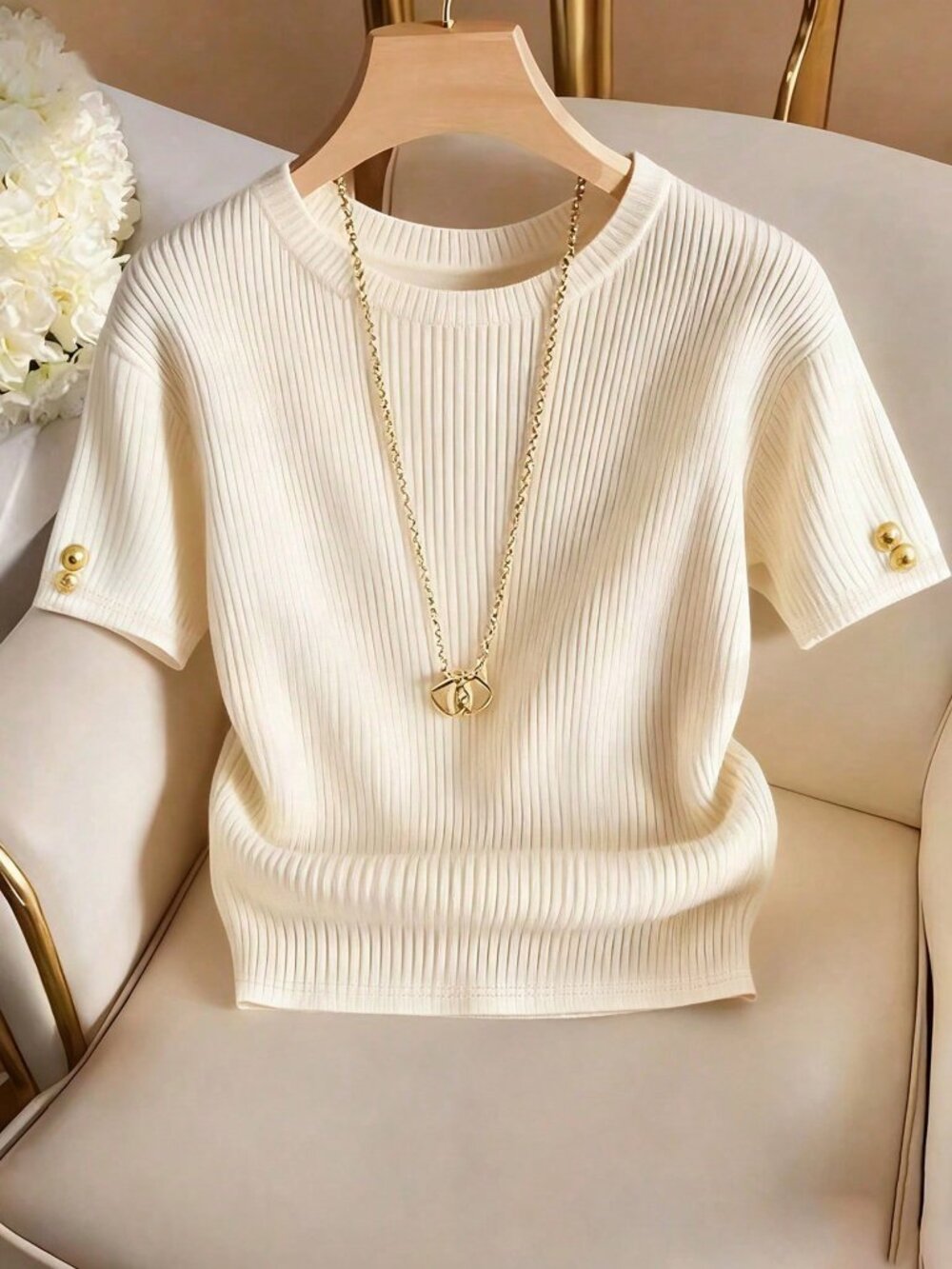 Beige Women's Casual Elegant Knit T-Shirt